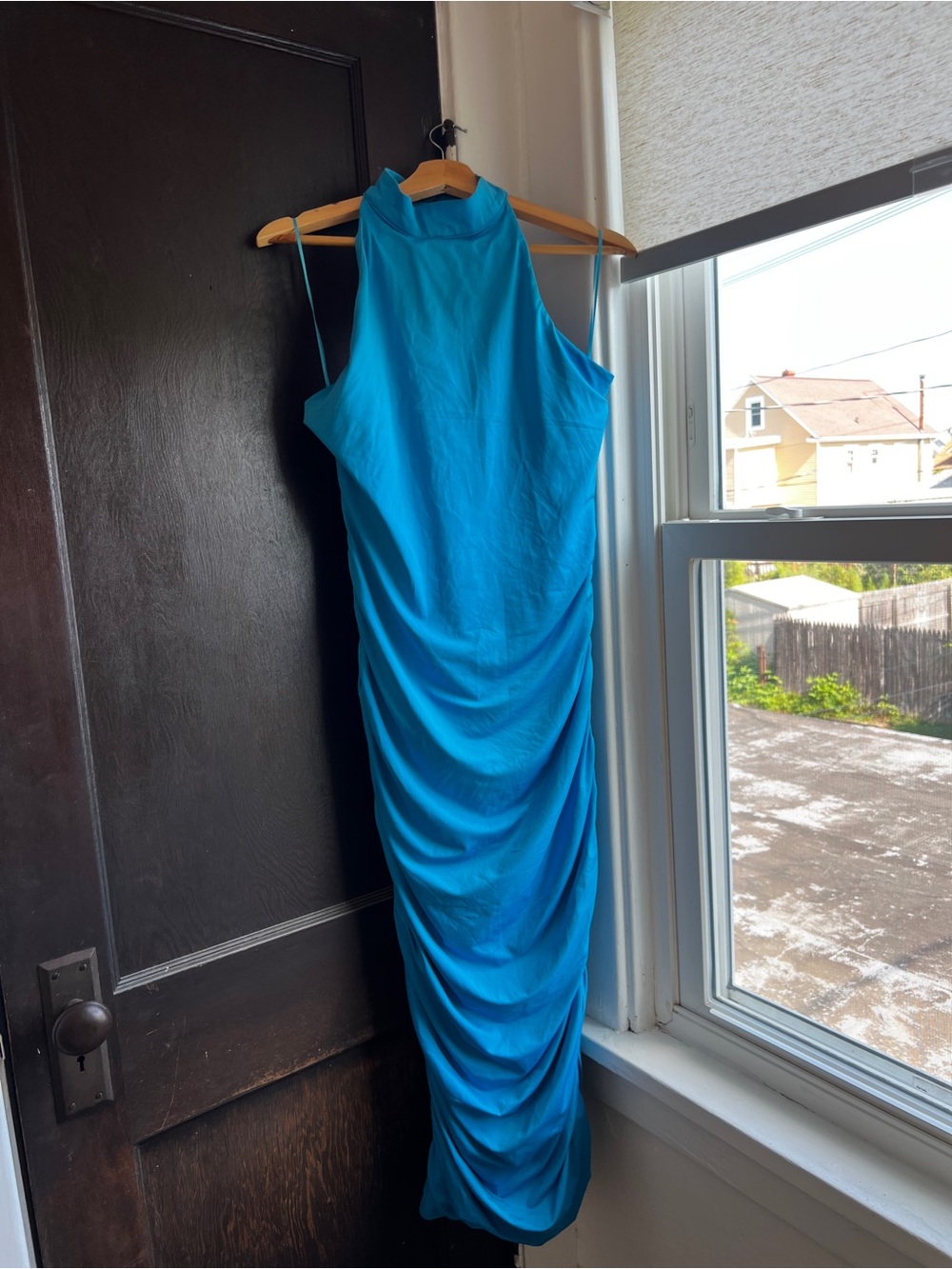 Sleeveless Turquoise Blue Ruched Midi Dress Bodycon